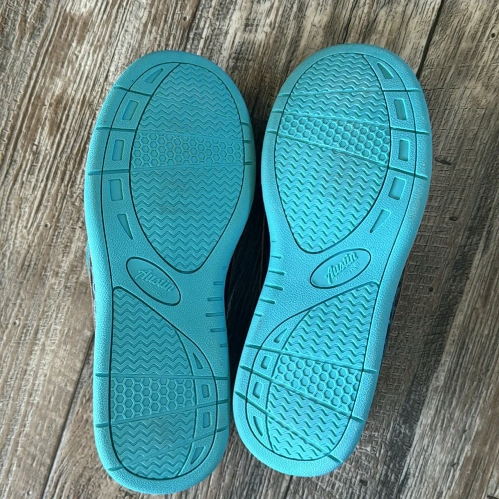 AUSTIN TRADING Company BOAT SHOES Slip On Tan TEAL LEOPARD Girls Size 5D